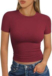 Trendy Queen Womens Basic T Shirts Scoop Neck Short Sleeve Crop Tops Slim Fit Summer Tees Y2k Clothing 2025 Burgundy XS