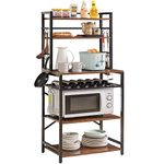 YMYNY Kitchen Baker's Rack, Microwave Oven Stand with Storage Shelves, Industrial Coffee Bar Station, with Adjustable Wine Holders and 12 S-Hooks, Metal Frame, Rustic Brown, 58 × 39 × 144CM HBR003H