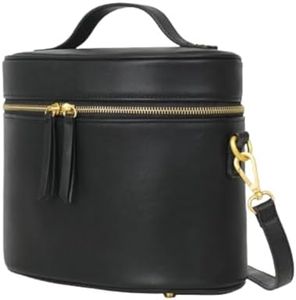 FAWN DESIGN The Train Case, Faux Leather Skin Care Black Makeup Bag with Adjustable Messenger Strap, Travel Toiletry Bag 4 Elastic Band Holders, 5 Interior Pockets and 1 Zipper Pocket, 10x6x8 inches