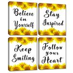 Inspirational Quotes Sunflower Wall Art - 4 Panles Simple Motivational Saying Yellow Canvas Flowers Wall Pictures Framed Painting for Home Office Decoration Modern Artwork Print Poster 8X10 Inches