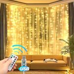 XERGY Window Curtain String Light Resin 300 LED 8 Lighting Modes Dimmable Fairy Lights Remote Control USB Powered for Home Decoration Light Diwali House Party Wedding Decor, Warm White (Pack of 5)