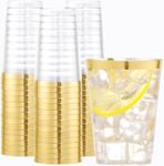 Miluoou 50 Pack Gold Rimmed Plastic Cups 12oz Clear Plastic Tumblers Cups Disposable Elegant Party Cups for Baby Shower, Birthday, Wedding, Thanksgiving, Christmas Halloween Party