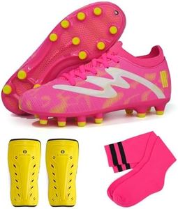 brooman Kids Firm Ground Soccer Cleats Boys Girls Football Shoes with Shin Guards and Soccer Socks (3.5,Fuchsia)