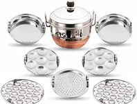 Bigbought All-in-One Stainless Steel Idli Cooker Kadai Steamer with Copper Bottom, Big Size with 7 Plates 2Idli 2 Dhokla 1 Patra 2 Mini idli plate Induction & Standard Idli Maker (7 Plates,14 Idlis)