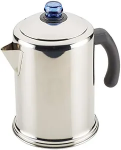 Farberware Classic Stainless Steel Coffee Percolator, 12 Cup, Silver with Glass Blue Knob, 7.28"D x 8.86"W x 10.83"H