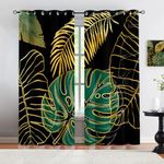 Fashion Black Gold Living Room Blackout Curtains, Abstract Green Palm Leaf Printed Curtains, 2 Panels Curtains, Grommet Insulated Curtains for Bedroom Dining Room Study Apartment (84" W x 84" L)