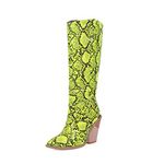 Hoxekle Leather Knee Boots, Womens Knee-High Boot Snakeskin Print Stack Chunky Heel Pointy Toe Slip-On Dressy Long Boot, Green, 9