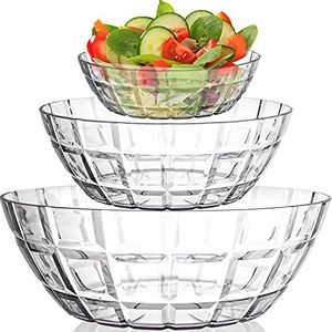 Okllen Set of 3 Plastic Serving Bowls, Clear Mixing Bowls Crystal Plastic Bowls for Salad, Party Snack, Popcorn, Chip and Dip, Break Resistant, 14 Oz/51 Oz/115 Oz