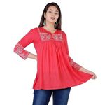 Avayayat Short Kurti for Women| Embroidered Straight Rayon Kurta | Round Neck Full Sleeves Short Kurti | Tunic Tops for Women for Women's (in, Alpha, L, Pink)