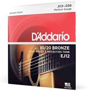 D'Addario Acoustic Guitar Strings, 80/20 Bronze, EJ12, Medium Gauge 13-56, 6-String Set, Pack of 1