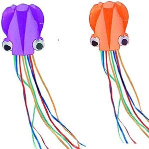 2pcs Orange and Purple Octopus Portable Kite Nylon & Polyester Material - Perfect Toy for Kids and Children Outdoor Games Activities - Fold-able Large 28 x 157 Inches | Extra 328 Feet of Line