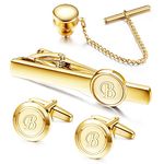 Jstyle Initial Cufflinks and Tie Clip Set for Men Personliazed Gold Stainless Steel Cuff Links Tie Bar and Tie Pin Letter Alphabet A-Z for Wedding, Groomsmen, Husband，Father, Stainless Steel, Cubic