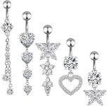 Invalidism 5 Pcs Belly Button Bars,Stainless Steel Belly Bars Sterling,Flower Butterfly Tassel Heart Navel Rings,Hypoallergenic Belly Button Piercing Jewellery