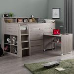 Grey Oak Wooden Kids Bed, Happy Beds Jupiter Mid Sleeper with Storage and Desk - 3ft Single (90 x 190 cm) with Memory Foam Mattress Included