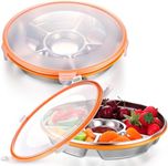 Sunnychicc 2 Pcs Divided Serving Tray with Plastic Lid Stainless Steel 6 Compartments Snack Tray 10.4 Inch Snack Platter Reusable Divided Serving Platter Fruit Trays for Picnics, Party, Meal Supplies