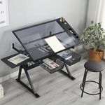 LAEKER Modern Design Adjustable Tempered Glass Drafting Printing Table with 2 Storage Drawers and Chair-Black