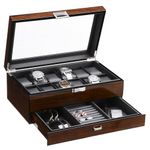 BEWISHOME 12 Watch Box with Valet Drawer, Luxury Watch Case,Watch Organizer for Mens Accessories with Real Glass Top,Metal Hinge, Brown SSH02Y