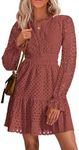 PRETTYGARDEN Women's 2024 Casual Mini Dress Hollow Out Puff Long Sleeve V Neck A Line Short Elegant Party Dresses (Brown Red,Medium)