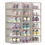 SONGMICS Shoe Boxes, Pack of 18 Stackable Shoe Storage Organisers, Foldable and Versatile for Sneakers, Fit up to UK Size 9.5, Transparent and Oatmeal Beige LSP18SW30