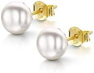 Amberta Women's 925 Sterling Silver Freshwater Pearl Stud Earrings: 6 to 7 mm White Pearl with Gold Plating