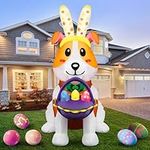 Hollowfly 5FT Easter Inflatables Outdoor Decorations Dog Blow up Yard Decorations Built in LED Lights Inflatable Easter Bunny Ears with Basket Easter Egg for Holiday Party Yard Garden Lawn Hunt