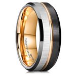 King Will Loop Women Tungsten Carbide Ring Centre Rose Gold Groove Wedding Bands for Women Mens Surface Silver Transverse Stripes Brushed Finish And Black Matte Brushed Finish Beveled Edges Inner Plated Rose Gold Comfort Fit 10.5