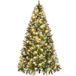 Yaheetech 7ft Pre-lit Frosted Artificial Hinged Christmas Tree with 80 Pinecones & Holly Berries, 1214 Flocked PVC Tips, 400 Warm White Lights, Foldable Stand, Green