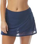 Coco Reef Mesh Layer Ruffle Swimsuit Skort — High Waisted Swim Skirt with Shorts, Navy Captain 423, Medium