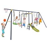 Costzon 660 lbs Swing Sets for Backyard, 7-in-1 Heavy Duty Extra Large Metal Swing Frame w/2 Swings, Glider, Gym Rings, Slide, Monkey Bar, Basketball Hoop, Play Equipment for Indoor Outdoor