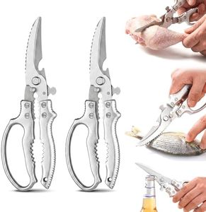 Sharpest Heavy-Duty Kitchen Shears with Non-Slip Handle & Safety Lock, 2026 New Stainless Steel Bone-Cutting Kitchen Scissors, 2-in-1 Kitchen Scissors for Chicken, Bones, Fish, Seafood (Silver 2PCS)