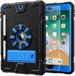 TSQQST iPad Case 6th/5th Generation 9.7 Inch 2018 2017 with Glass Screen Protector | Heavy Duty Rugged Case for iPad 6th 5th gen with Pencil Holder&Stand for Kids Boys | Blue Black