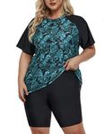 Inno Women's Plus Size 2 Piece Rash Guard Swimsuits Short Sleeve with Boyshorts UPF 50+ Surfing Swimwear, Floral 3, 3X