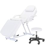 Balance Massage Bed Table Adjustable Reclining Beauty Salon Chair Tattoo Spa Facial Couch Bed with Stool (White)