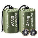 Esky Emergency Sleeping Bag, 2 Pack Portable Survival Thermal Bivy Sack, Waterproof Lightweight Survival Shelter Blanket Bags with Compass for Camping Hiking Outdoor Adventure (Green)