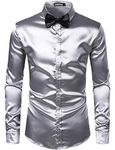 ZEROYAA Men's Luxury Shiny Silk Like Satin Button Up Dress Shirts ZLCL14-Silver X-Large