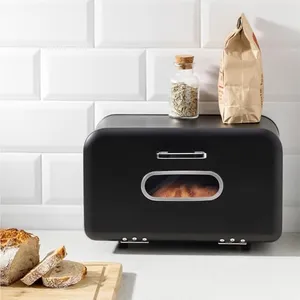 Navaris Metal Bread Box for Kitchen Countertop - Ventilated Vintage Food Storage Container, Holder for Homemade Bread, Spices, Coffee, Organizer for Cabinet with Window, Black