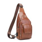 Ariscobull Genuine Leather Sling Bag with Charging Port Multi-pocket Chest Bag for Men Hiking Travel Daypack, Brown, mini tablet computer, Leather Men Bag