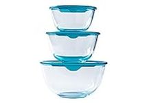 Pyrex - Set of 3 Resistant Glass Mixing/Salad Bowls with lids - 0.5L - 1L - 2L - Made in France