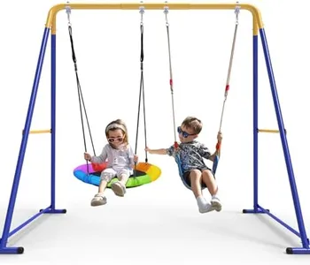 Swing Sets for Backyard, Toddler Swing Set with 2 Seat 1 Saucer & 1 Belt Seat, 440lbs Heavy-Duty Swing Frame w/8 Ground Stakes, A Frame Outdoor Swingset for Kids and Adults for Backyard