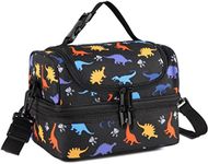 Lunch Box Bag Kids,VASCHY Insulated Two Compartments Cooler Bags for Boys Girls w Shoulder Strap for School,Daycare,Kindergarten,Picnic Dinosaurs Black