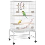 PawHut 43" Bird Cage for Budgies Cockatiels Canaries Lovebirds Finches with Rolling Stand, Toys, Removable Tray, Storage Shelf, White