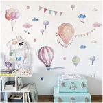 LUKATA Watercolor Hot Air Balloon & Clouds Wall Stickers – Removable Vinyl Decals for Kids Room, Nursery, or Playroom – Colorful Floating Balloons, Clouds, and Bunting Flags Design