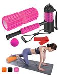 Foam Roller Set Includes Hollow Core Massage Roller,Muscle Roller Stick,Massage Ball,Stretching Strap,Exercise Resistance Bands, Storage Bag,for Deep Tissue Massage, Pain Relief of Back, Legs, Exercise (OVTSPO 6in1 Pink)