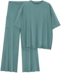 KIRUNDO Womens Fashion Summer 2 Piece Sets Oversized Short Sleeve Tshirts and Wide Leg Pant Loungewear Set Tracksuit Comfy Pajamas(Fruit Green, Medium)