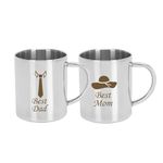 Savri Personalized Stainless Steel Coffee Mug with Best Dad & Best Mom with Tie & Hat Symbol Engraved. Gift for Couple | Gift for Mom and Dad | Gift for Parents. Best for Birthday, Anniversary. 220 ml