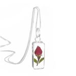 Shrieking Violet 925 Sterling Silver Small Rectangle Real Flower Pendant Necklace - Rose (Red)