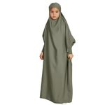 Generic Kids Abaya for Girls Prayer Robes Plain Loose Islamic Middle East Dubai Turkish Max Kaftan Full Length Hijab Dress One-Piece Muslim Dress Long Sleeve Islamic Prayer Dress for Girls Green