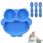 Alyvisun Owl Silicone Suction Plate for Baby, Toddler Cutlery with 3 Spoon Fork Non-Slip Weaning Bowls Feeding Divided Plates Set for High Chairs Tray (Blue)