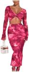 MakeMeChic Women's Two Piece Outfits Tie Dye Deep V Neck Twist Front Crop Top and Split Bodycon Midi Skirt Set Red Violet Medium