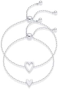 PAVOI 14K Gold Plated Matching Heart Charms Solitaire Bracelet Set for Women | Adjustable Love Friendship Two Bracelet Pack, White Gold